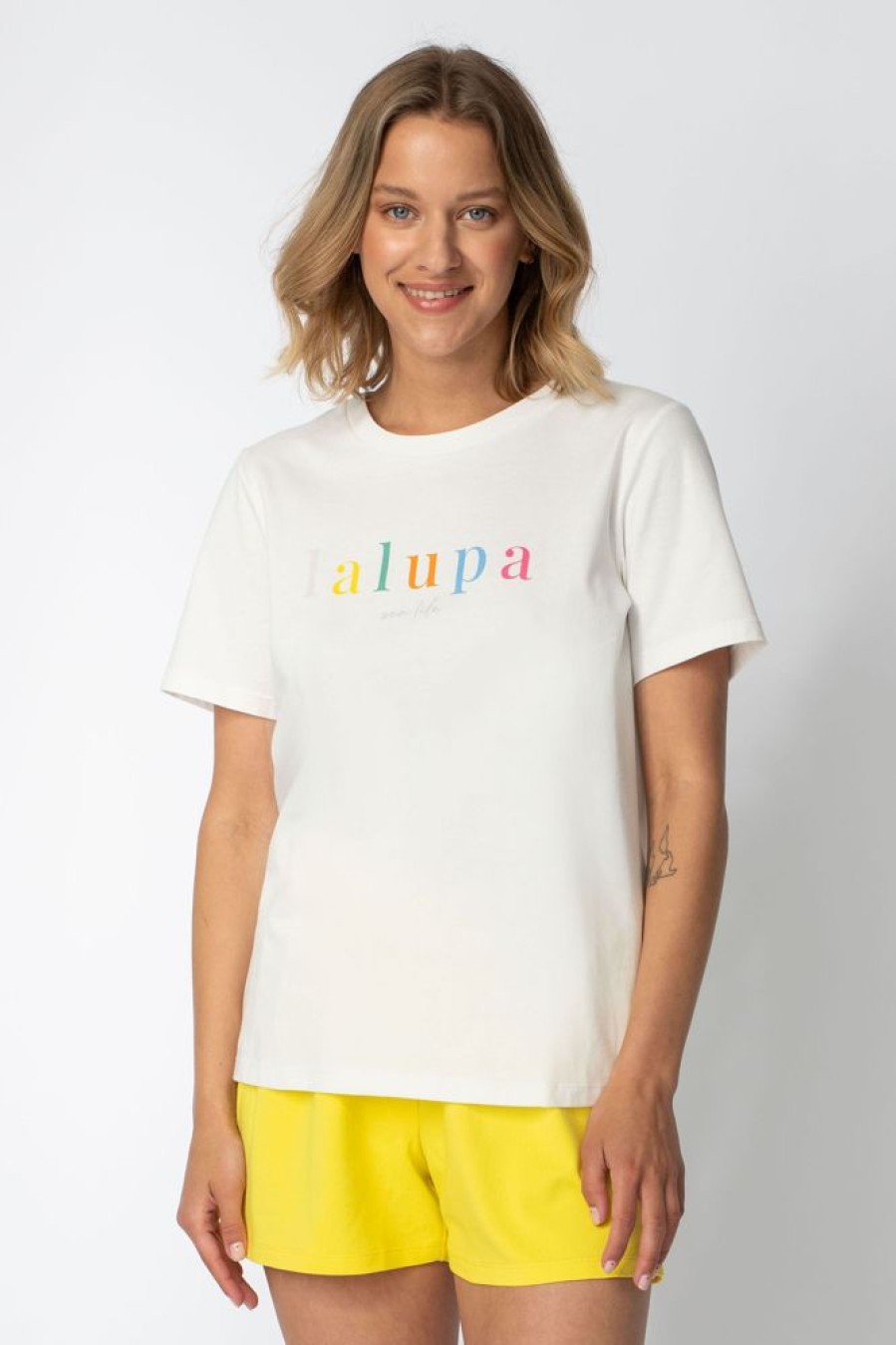 Bielizna Nocna lalupa Gory Z Krotkim Rekawem | T-Shirt Rainbow Z Napisem - Ecru