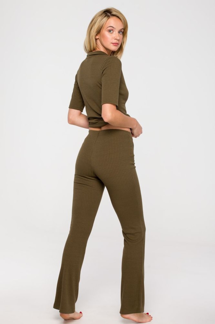 Bielizna Nocna lalupa Doly Z Dlugimi Nogawkami | Prazkowane Spodnie Matcha Flares - Khaki